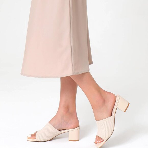 Women Heeled Sandals Knit Open Toe Chunky Block Heel Slip On Shoes - Picture 2 of 7